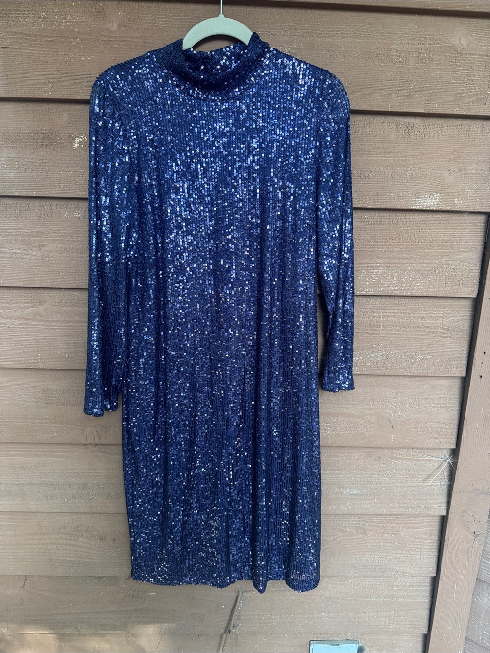 Ellen Weaver Navy Sequin Long-Sleeve Dress with Mock Neck size Large